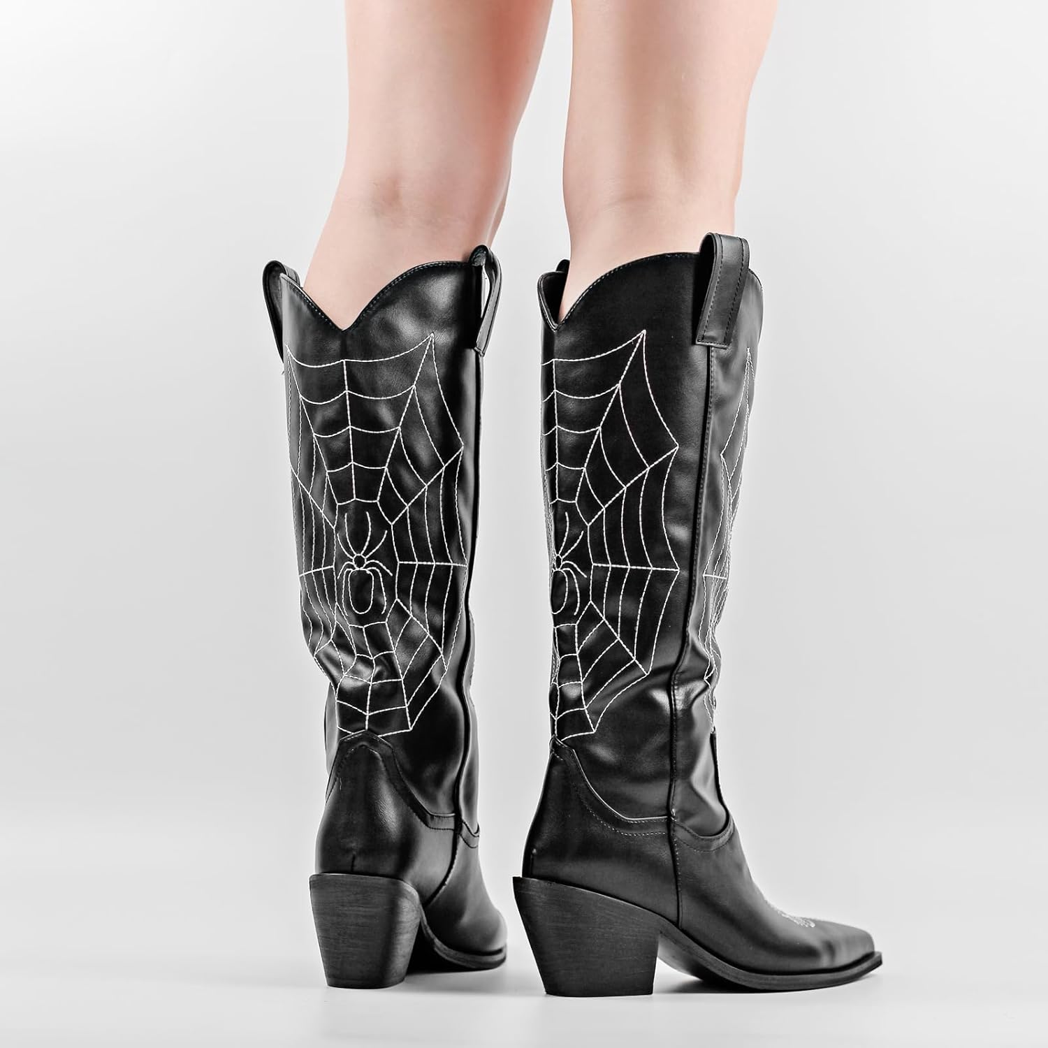 Cowboy Boots for Women,Spider Western Pointed Toe Chunky Heel Pull-On Mid Calf Boots for Women Cowgirl Boots Fashion Embroidered Tall