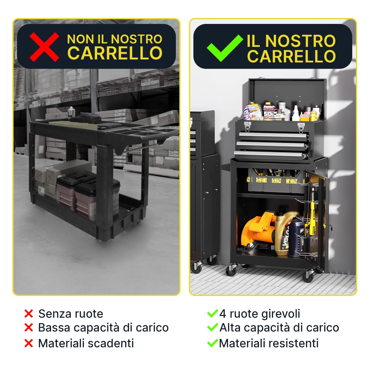 Carrello Officina Porta Attrezzi in Metallo - Banco da Lavoro Mobile con 3 Cassetti Scorrevoli e Armadietto con Serratura - 4 Ruote Girevoli e Maniglia Ergonomica - Organizer per Garage