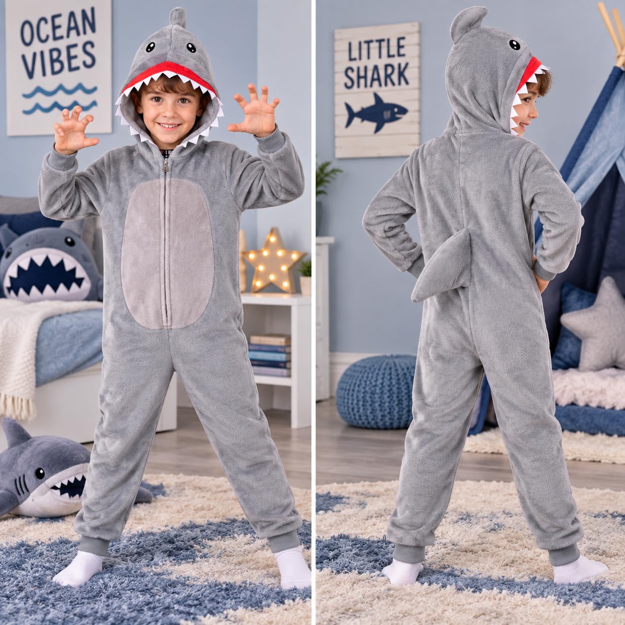 A2Z 4 Kids Mädchen Jungs Shark Kostüm Kinder Tiergesicht Jumpsuits Weicher Plüsch Fleece Playsuit Kinder Mit Kapuze Sleepsuit Kinder One Piece Shark Suit All in One Xmas Shark Pyjama Alter 2-14 Jahre