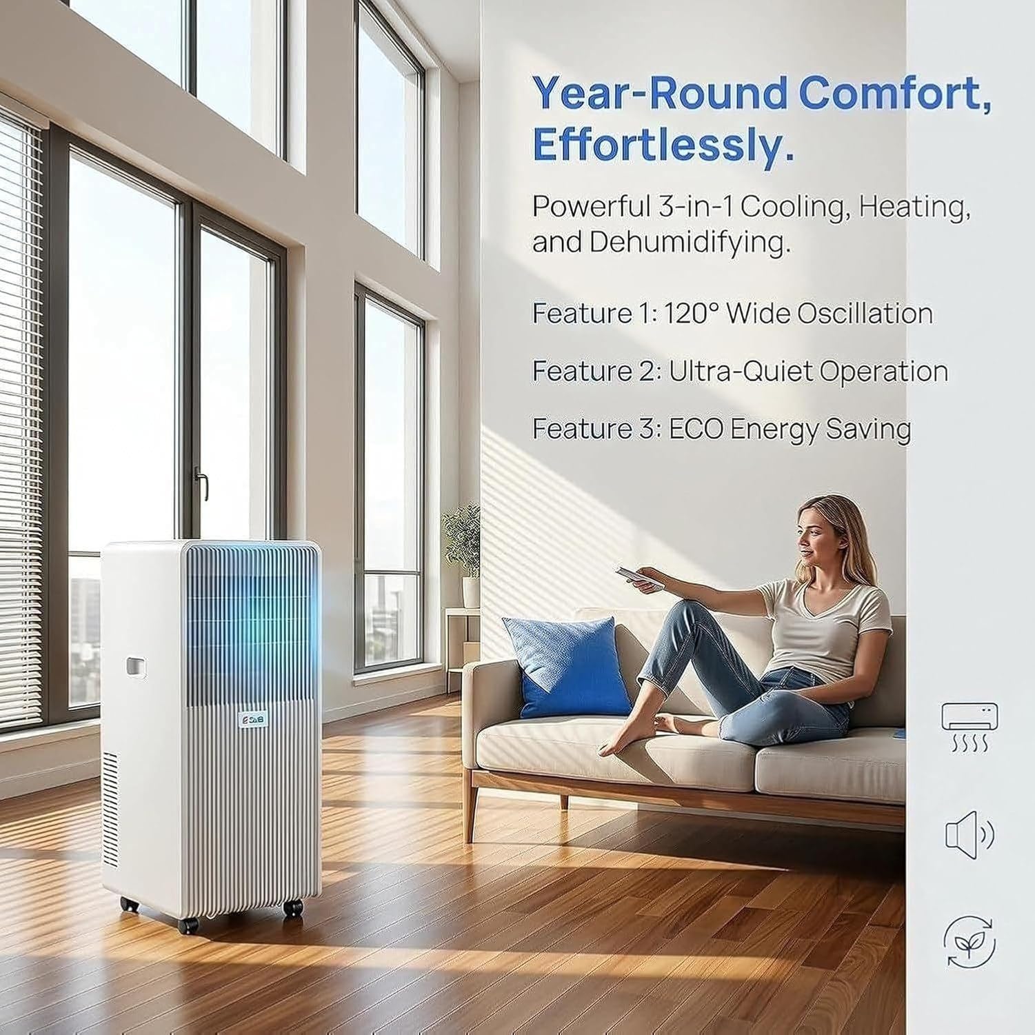Ventilador Enfriador de Aire Portátil para Habitaciones hasta 300 Pies Cuadrados, Unidad Silenciosa de Multivoltaje con Temporizador y Mando a Distancia, Bombil, Style 2, Remote Control Model