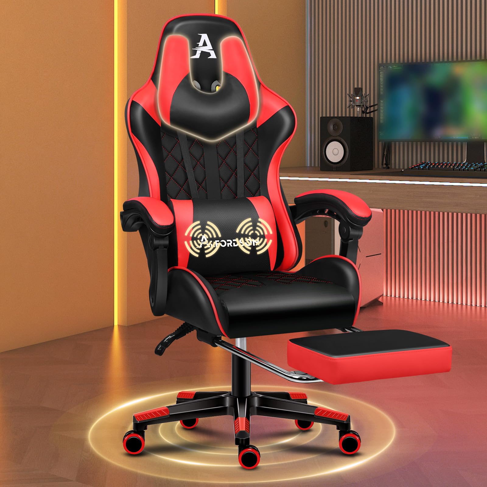 ALFORDSON Chaise de Jeu avec Repose-Pieds et Coussin Lombaire, Chaise de Bureau Ergonomique avec Inclinaison à 150°, Chaise de Bureau pour Jeux vidéo à Dossier Haut, capacité de 180 kg, Rouge