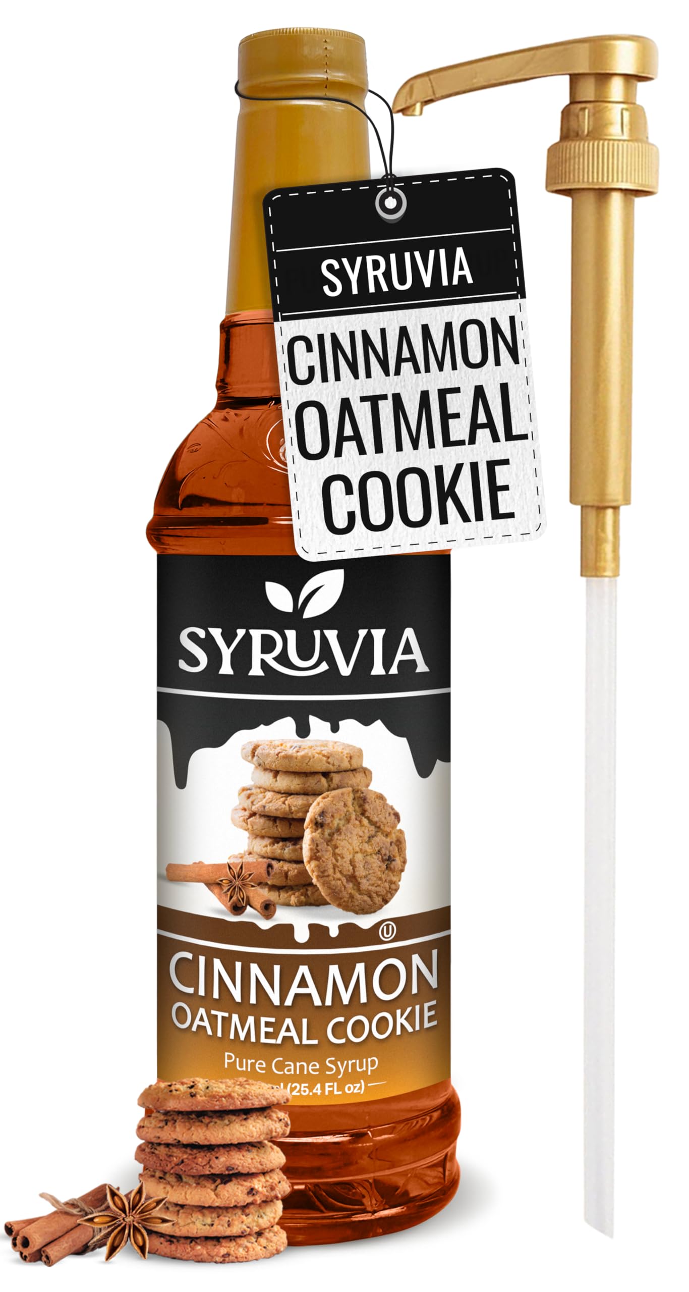 Syruvia Coffee Syrup, Cinnamon Oatmeal Cookie Flavored Syrup for Drinks, Lattes, and Desserts – 25.4 fl oz, With Pump