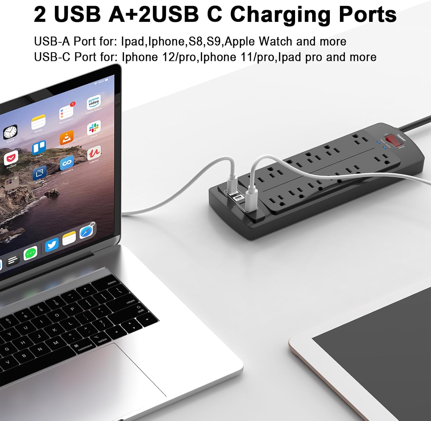 15 Ft Extension Cord Power Strip, Teiobar Surge Protector with 12 AC Outlets and 4 USB Ports for Home, Office, Dorm Essentials, 1875W/15A, 2700 Joules, ETL Listed, Black