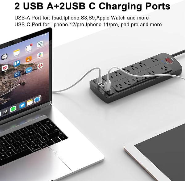 6 Ft Extension Cord Power Strip, Teiobar Surge Protector with 12 AC Outlets and 4 USB Ports for Home, Office, Dorm Essentials, 1875W/15A, 2700 Joules, ETL Listed, Black - 3