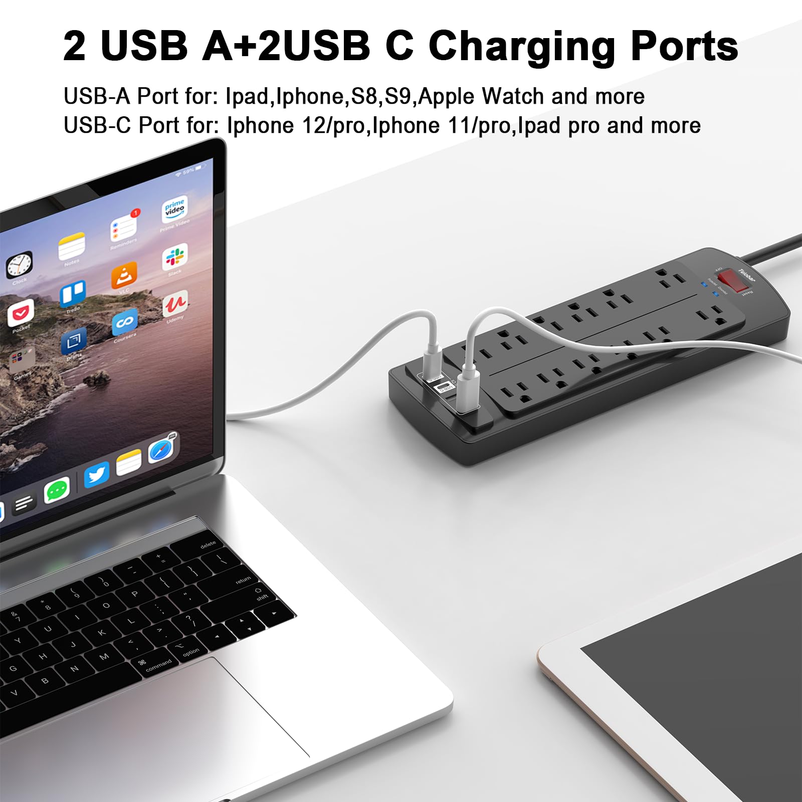 6 Ft Extension Cord Power Strip, Teiobar Surge Protector with 12 AC Outlets and 4 USB Ports for Home, Office, Dorm Essentials, 1875W/15A, 2700 Joules, ETL Listed, Black - 4