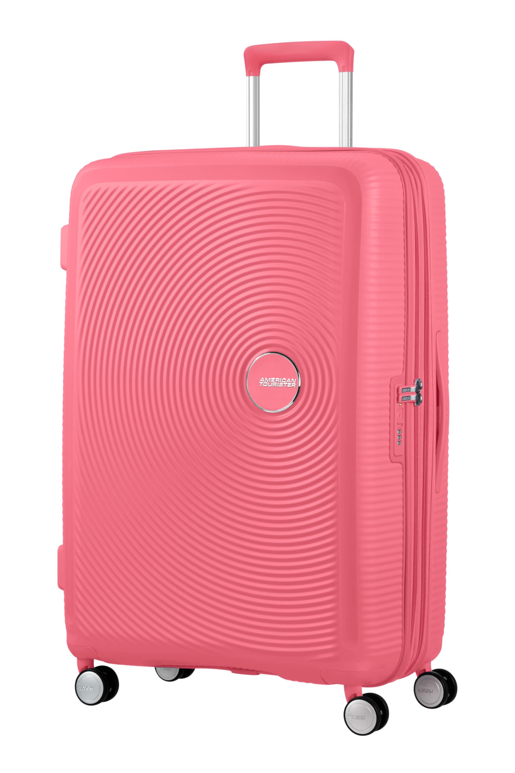 American Tourister Soundbox - Hard Shell Suitcase 77 cm Large - Trolley Suitcase with 4 Wheels, TSA Lock, Expandable & Light - 97/110 L - Pink (Sun Kissed Coral)