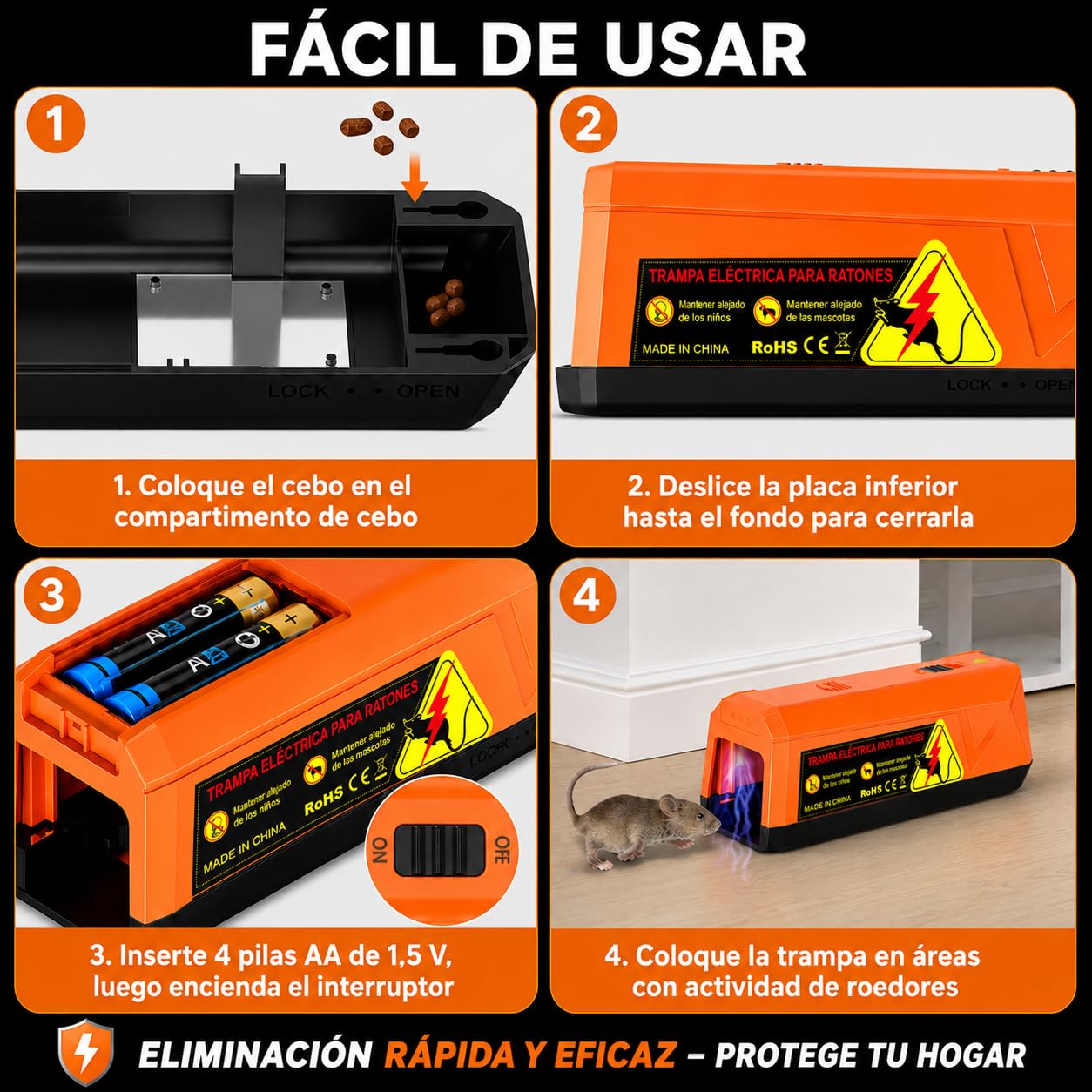 Trampas Eléctrica para Ratones a Pilas, Voltaje Potente de 2000V para Matar Ratas al Instante, Adecuada para Cocina, Almacén, Ático, Eficaz para Ratones Pequeños (Naranja)