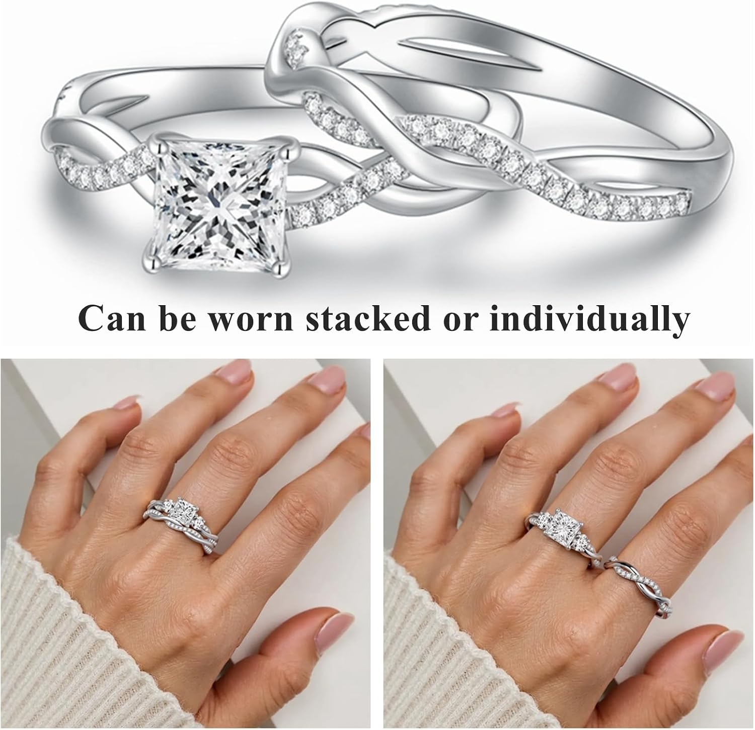Princess Cut Wedding Ring Sets for Women Bridal Sets Engagement Ring Set, 1-1/2 Carat(ctw) Moissanite Twisting Infinity Pave Set 925 Sterling Silver 10K 14K 18K Gold Free Engraving