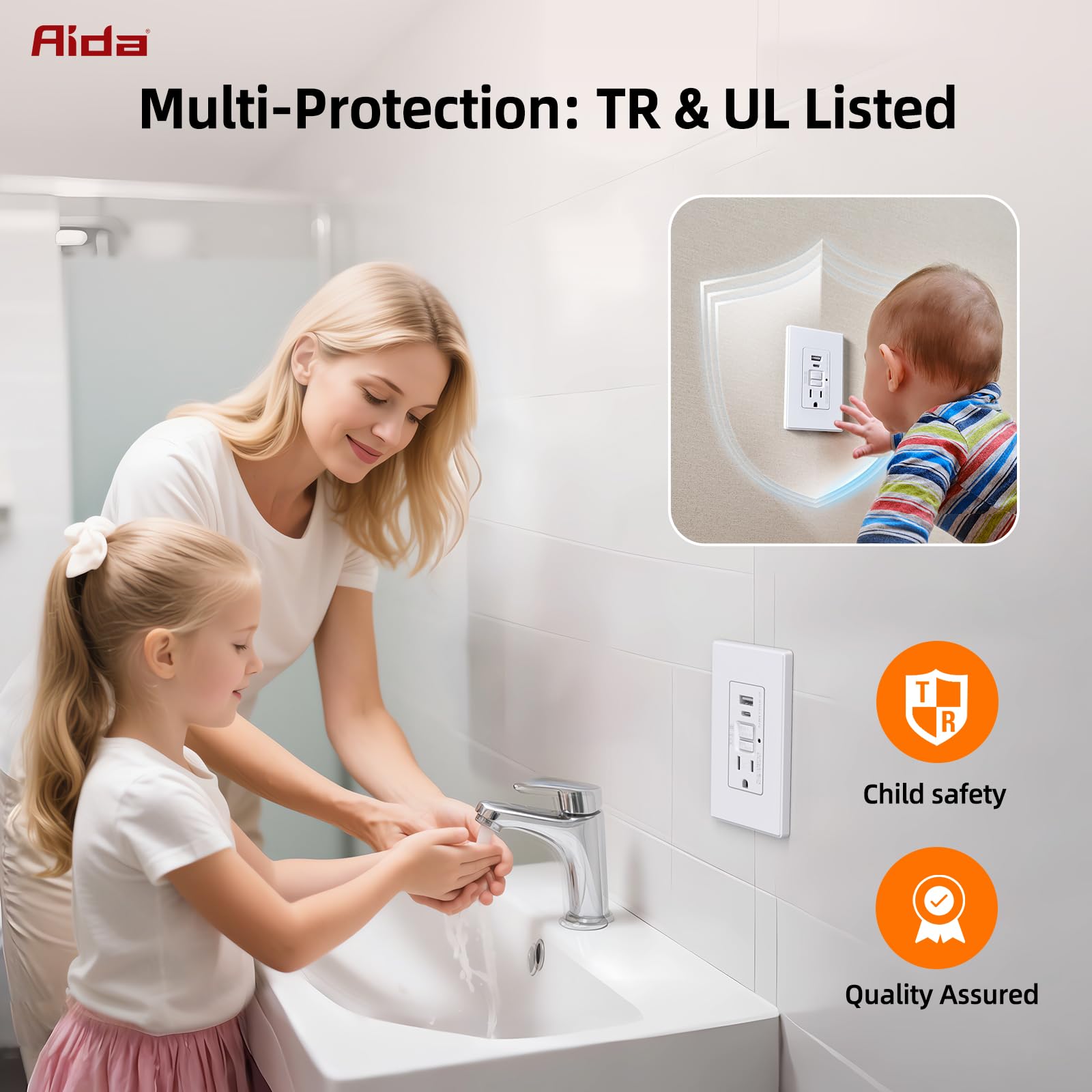 AIDA GFCI Outlet with USB Ports Type-A C 15 Amp Tamper-Resistant USB Charging Outlet 24W Max Output Self-Test — view 5