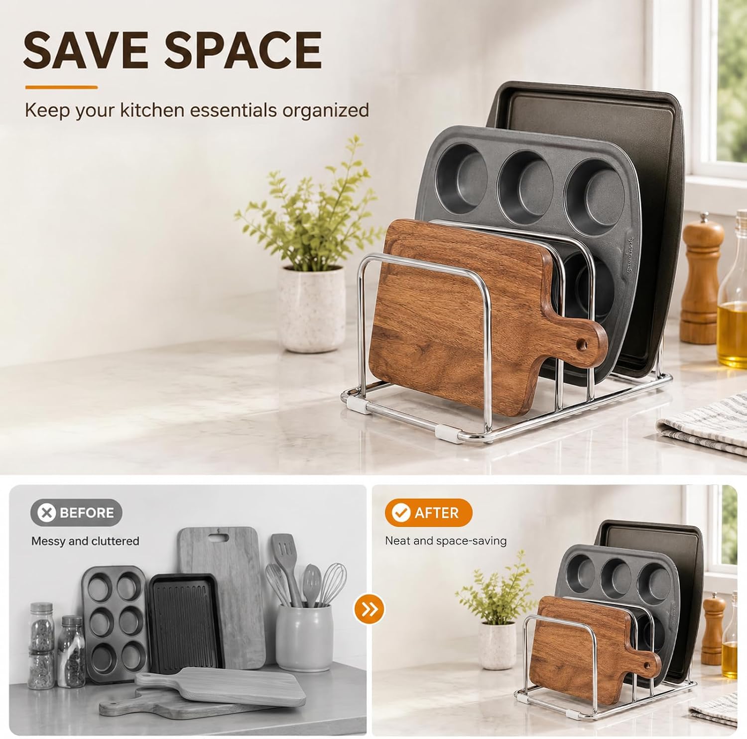 Cutting Board Holder Stand for Countertop, [2-Pack] 4-Slot Chopping Board Organizer Rack and Bakeware Storage, Kitchen Cabinet Organizer for Cookie Sheets, Trays and Pot Lids