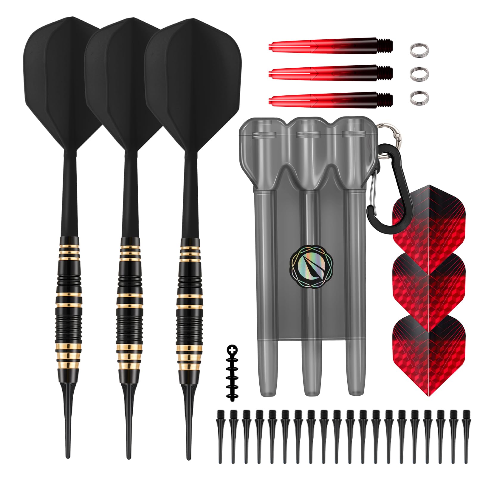 HUANQU 3 Pack 18gg Soft Tip Darts Set with Copper Barrel, integrated dart flights，20 Dart Tips, 3 Dart Shafts/Flights and Darts Case,for Soft Tip Darts Board, Darts Accessories Darts Gifts