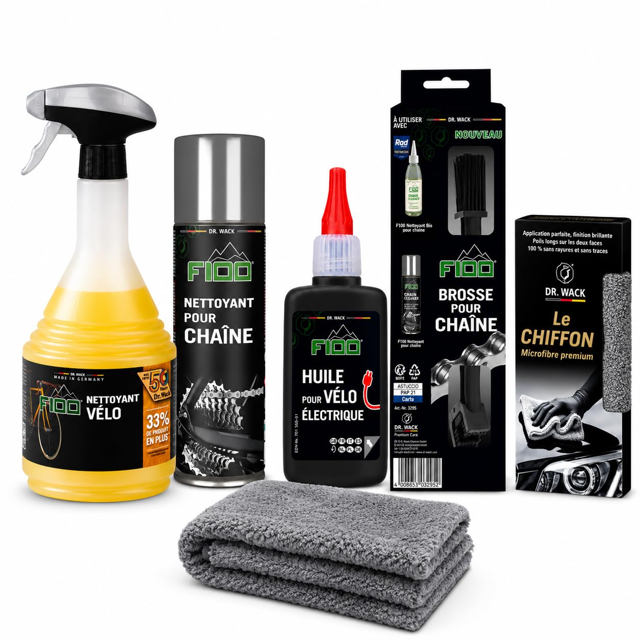 Dr. Wack - F100 Kit Entretien Vélo Électrique : Nettoyant Vélo + Nettoyant chaîne de vélo + Lubrifiant Chaîne de Vélo Électrique + Brosse + Chiffon Microfibre