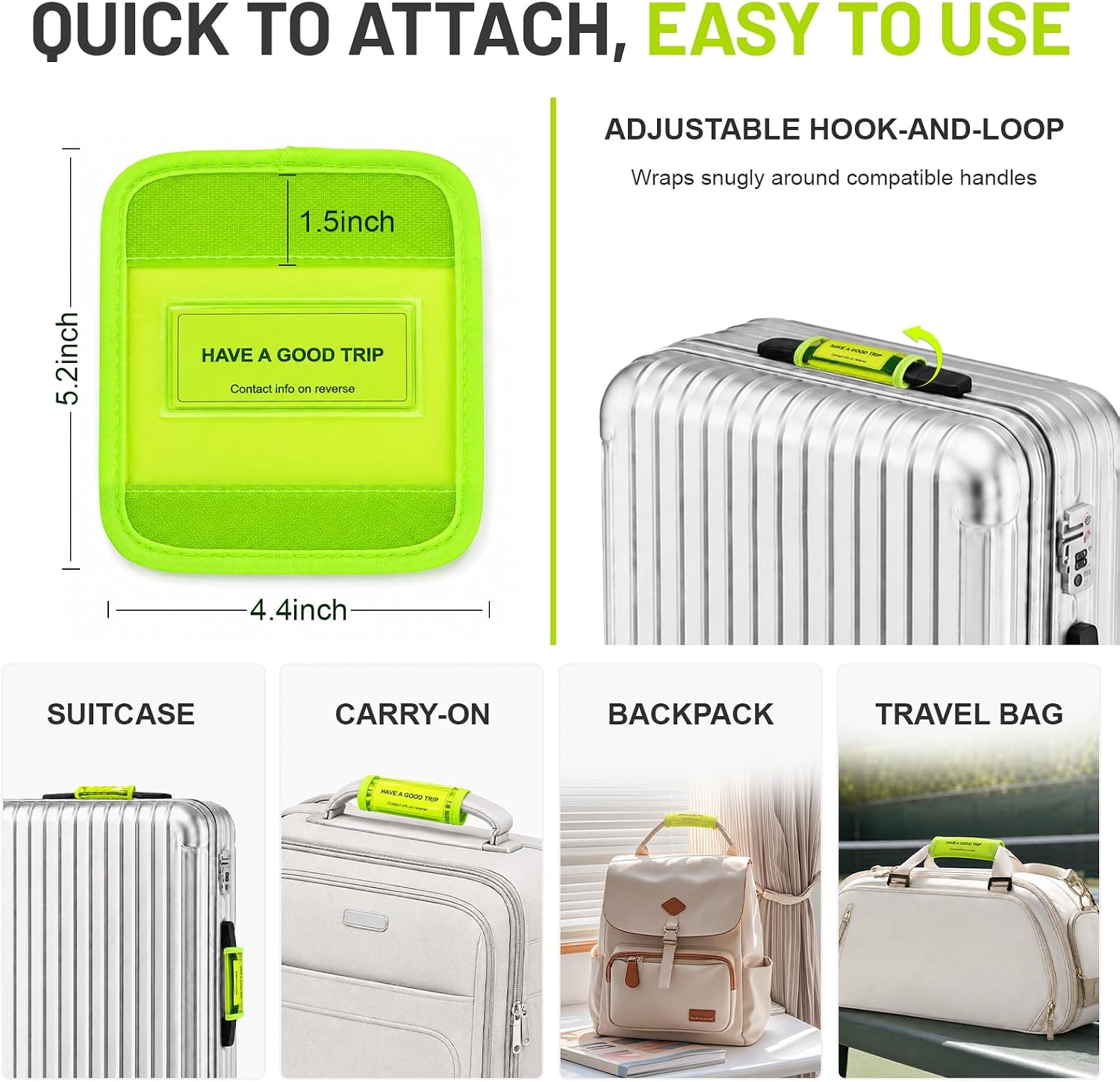 4 Pack Luggage Tags for Suitcases, 2-in-1 Handle Wrap, No-Dangle Neon Green image 4