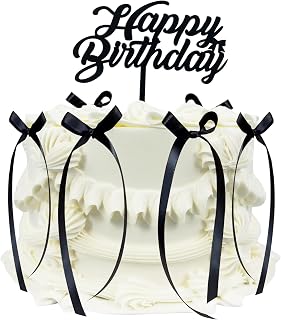 6 Pcs Bow Cake Topper with Happy Birthday Sign, Elegant Coquette Themed Black Ribbon Cake Decorations for Birthday Party, Heart Cake,Cake Decorating Supplies
