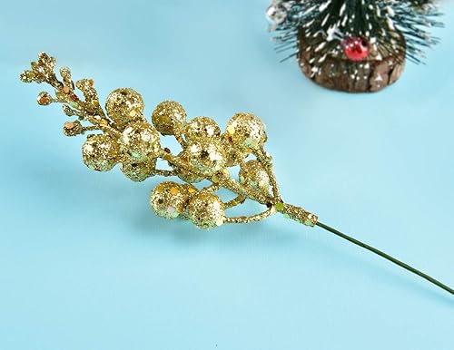 Miniatura 7 de DearHouse - Paquete de 14 tallos de bayas con purpurina para Navidad, artificiales, de 7.8 pulgadas, adornos para el árbol de Navidad, para hacer