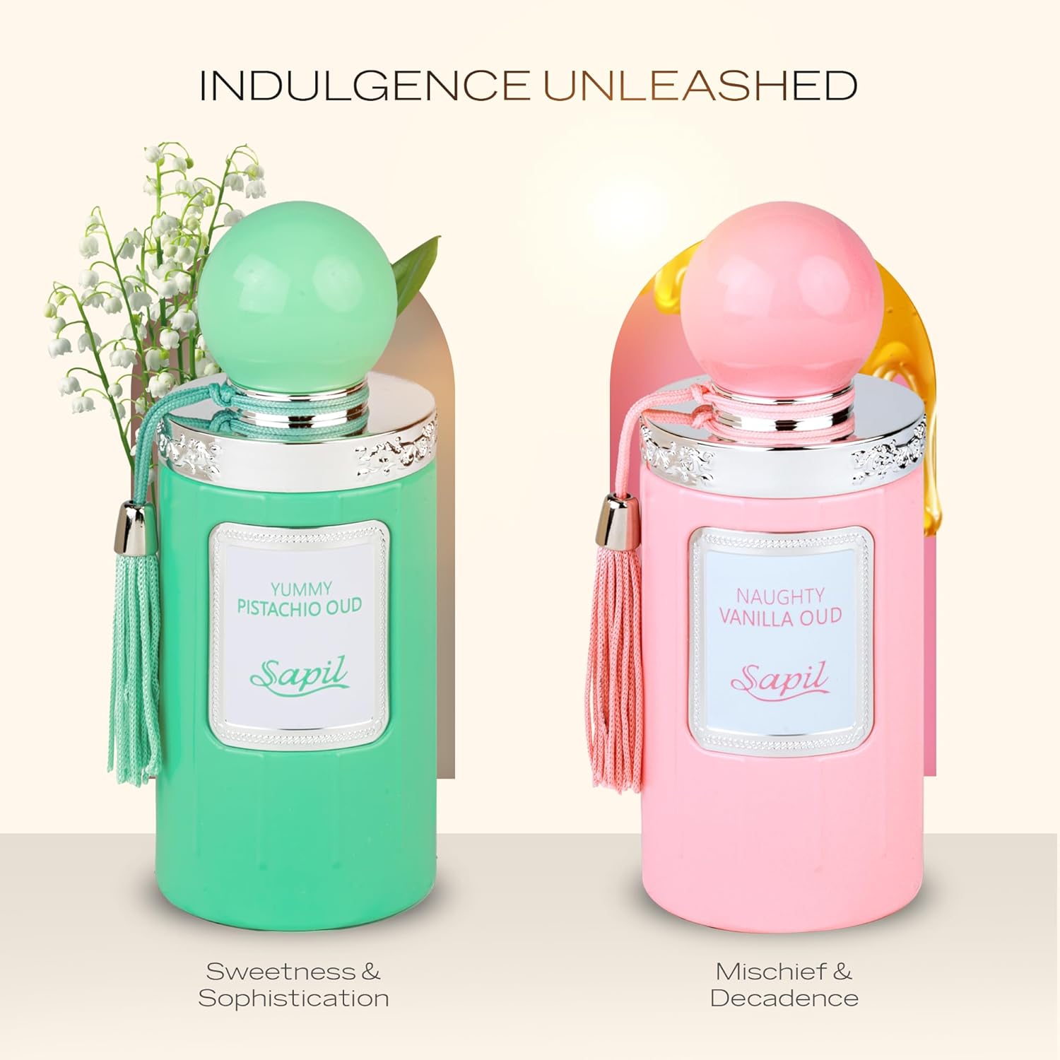 Sapil Yummy Pistachio & Naughty Vanilla Oud Perfume Set – Long-Lasting Arabic Fragrance for Men & Women – Sweet Gourmand Scent with Vanilla, Caramel, Hazelnut, Woody & Floral Notes – 3.38 oz Each - Image 3