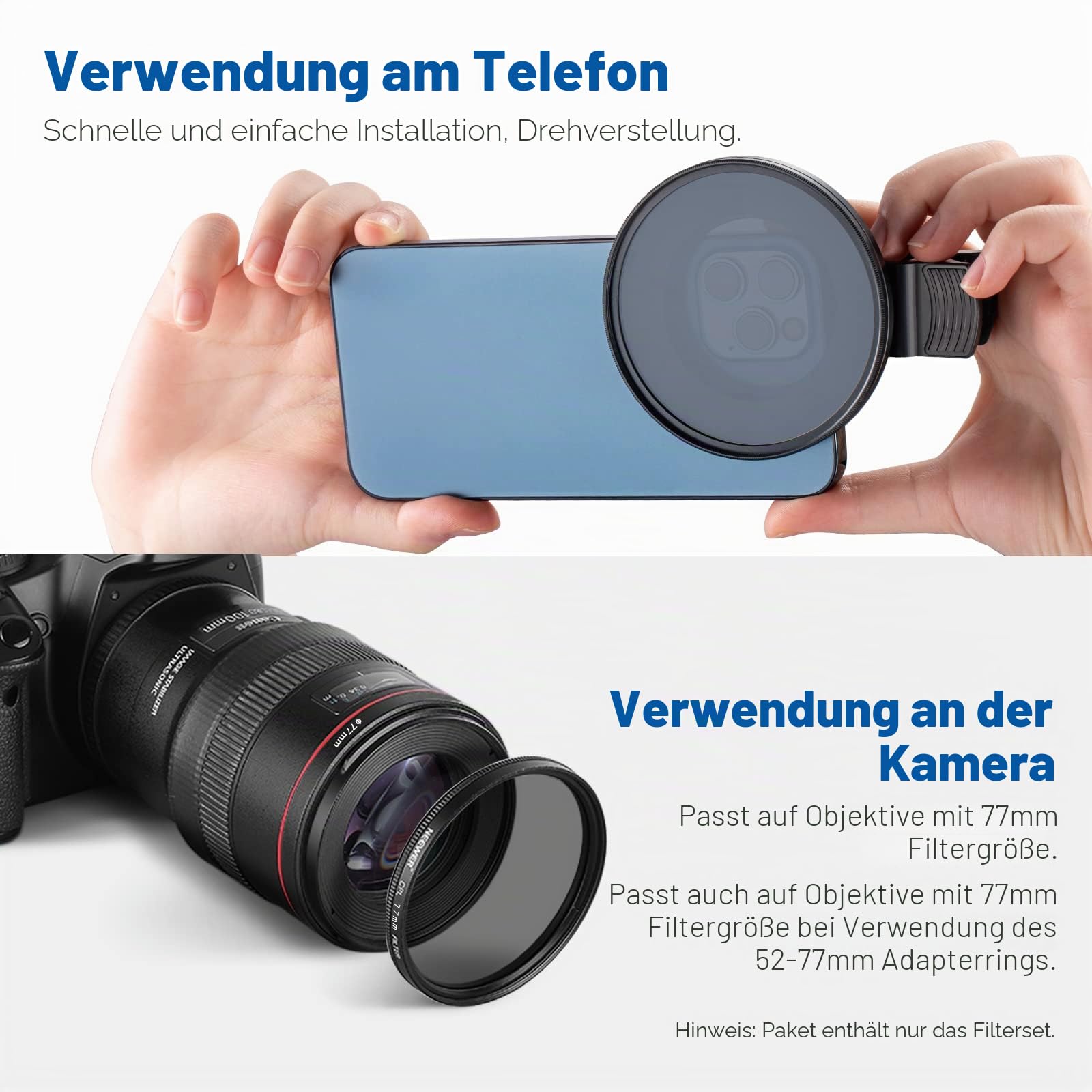 NEEWER 77mm Objektivfilter Set mit Handy Objektivclip, CPL + ND32 + Stern + 4 abgestufte Farbfilter Kompatibel mit iPhone 17, 16, 16e, 15, 14 Pro Max, Canon, Nikon und Sony Kameras