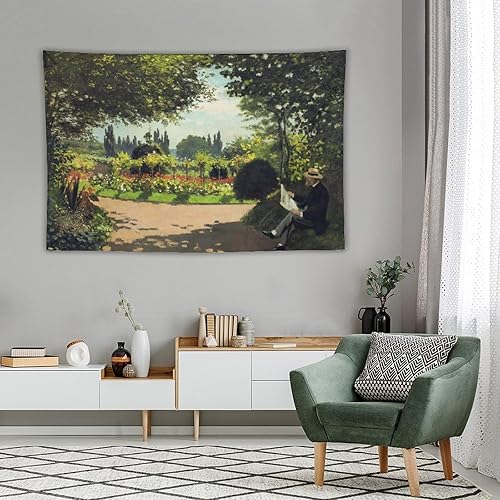 Miniatura 4 de SAYFUR Claude Monet Tapiz Monet Reading in The Garden, 1866 Tapiz decorativo para pared, sala de estar, dormitorio, impresiones de 60 x 90 pulgadas