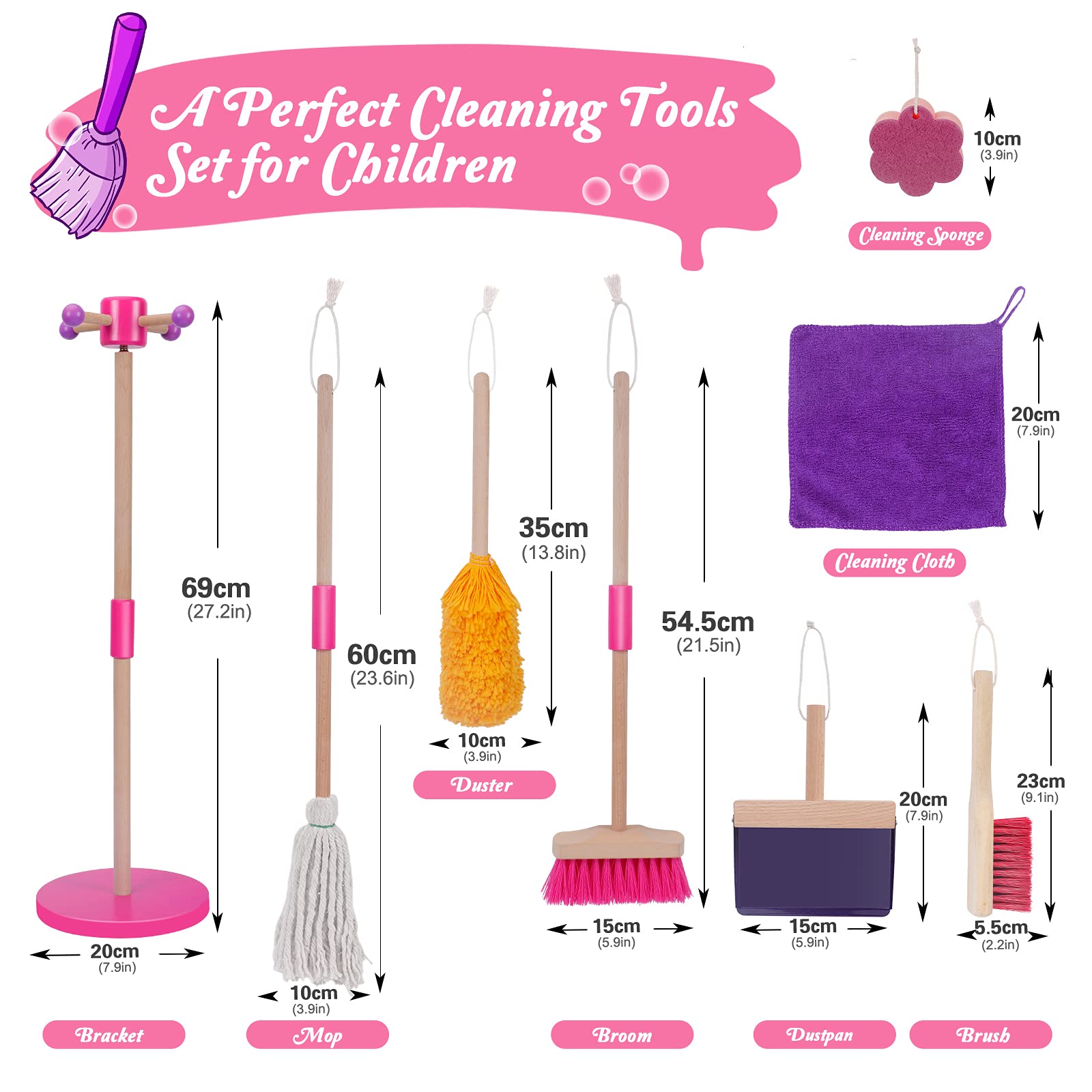 Masthome Wooden Kid Cleaning Set, 8-Pieces Cleaning Toys, Includes Broom, Dustpan, Brush, Mop, Duster, Sponge, Rag and Hanging Stand, Skill Developmental Pretend Play Kit for Toddlers, Children