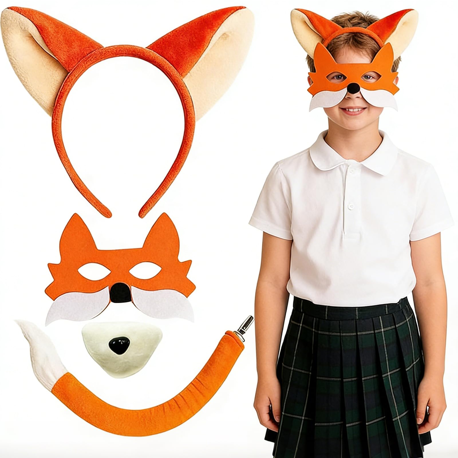 YgonziRuvc 4Pcs Fox Costume Set including Ears Headband, Tail, Nose & Mask, for Kids Adults Animal Cosplay, Halloween Party