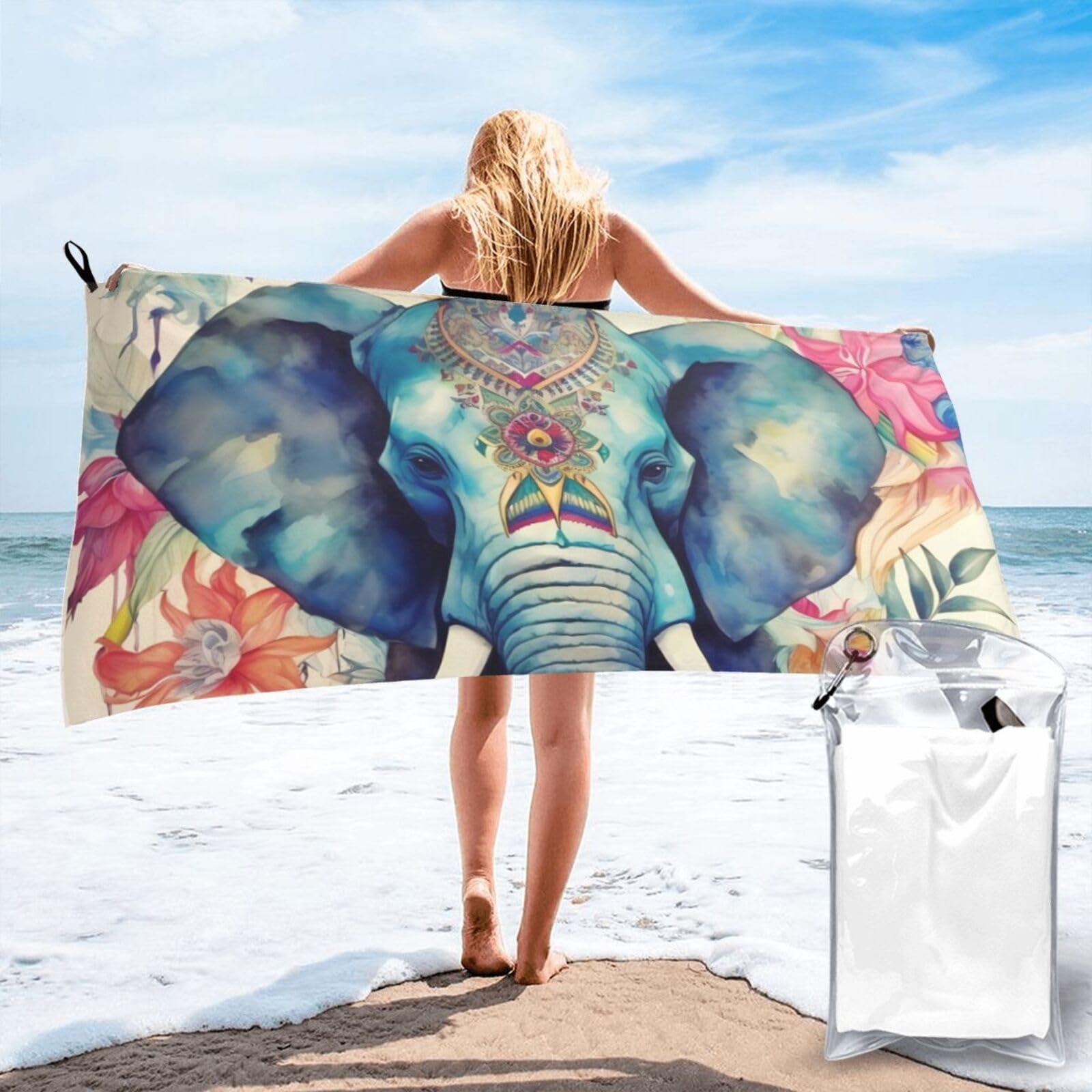 DWVTSLH Microfiber Sand Free Beach Towel 31.5"x63", Quick Dry Absorbent Travel Towel Large Camping Blanket, Peacock Feathers Elephant Bath Towels Lightweight Pool Swim Towels for Vacation Essentials