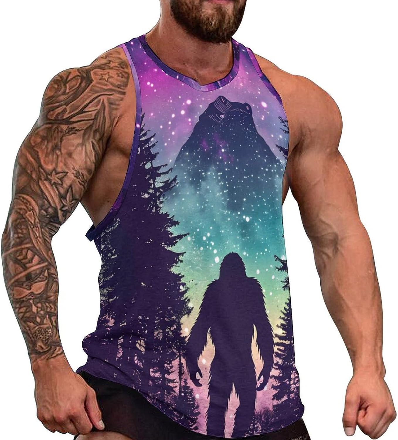 Bigfoot Under Northern Light Mens Tank Top Slim Fit Workout Gym Tops 5XL | Quick Dry,Breathable
