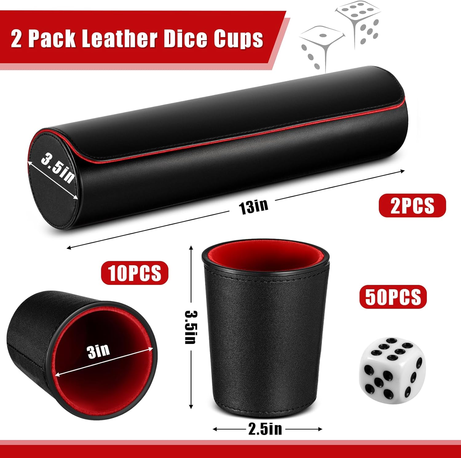 Liliful 2 Set Leather Dice Cups Include 10 Leather Game Cups, 50 Dice and 2 Storage Case with Magnetic Closure, Liars Game Gift for Party, Craps, Backgammon(Red)