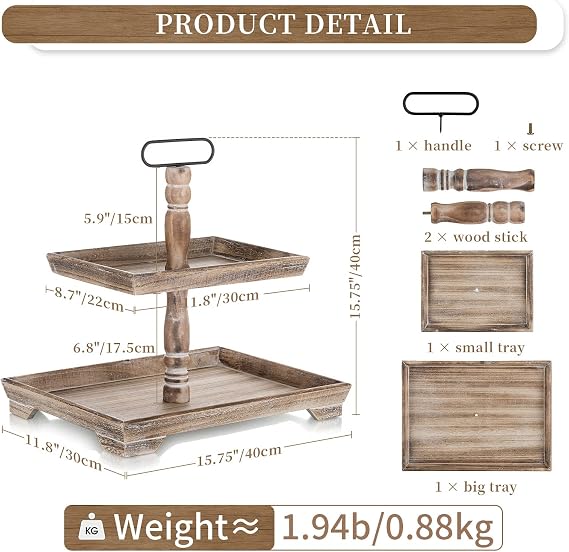 Hanobe Tiered Tray for Table Decor: 4th of July 2 Tier Decorative Tray Stand for Coffee Bar - Large Farmhouse Display Stands for Seasons - Wood for Kitchen Counter Decorations