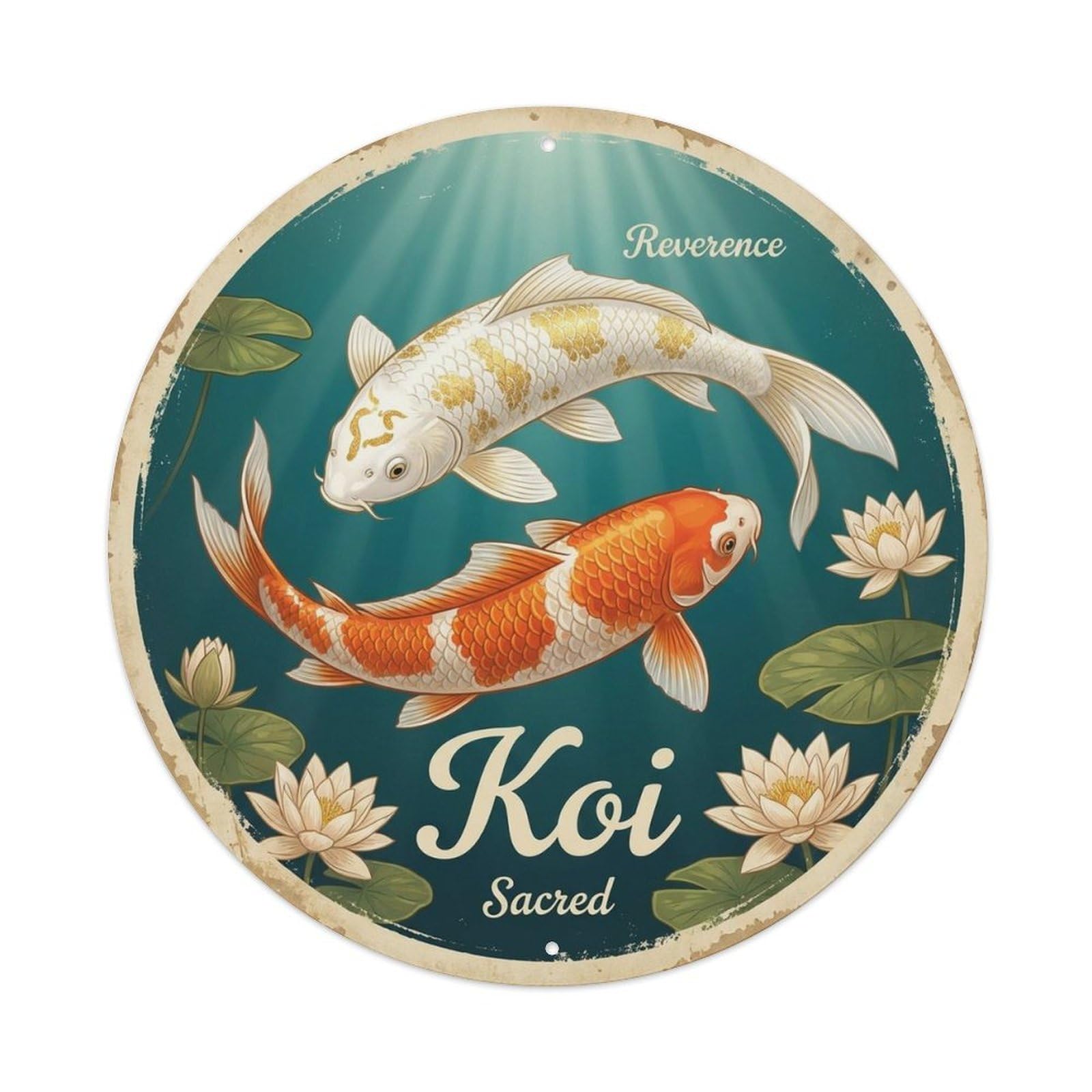 Koi Carp Sacred Classic Garden Traditional Metal Tin Sign Plaque Wall Decor for Cafe, Man Cave, Club Bar, Office, Home Garden Round Metal Poster 8x8Inch