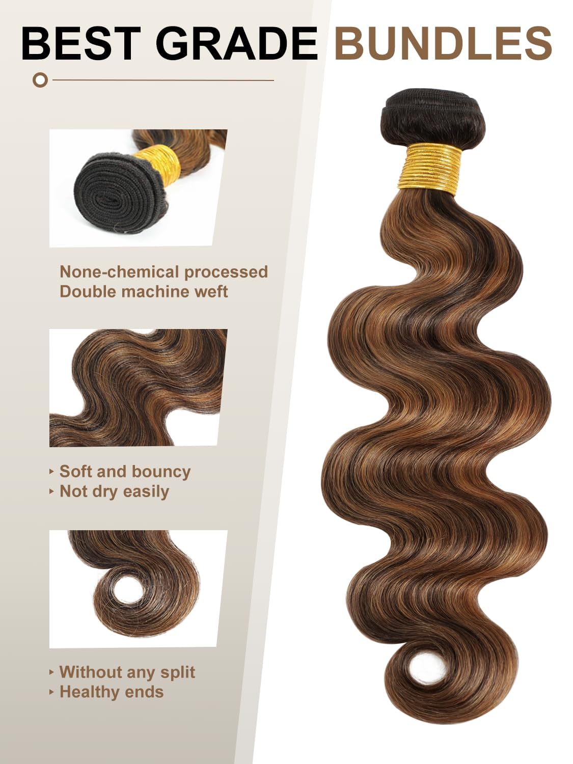 Highlight F1B/30 Bundles Body Wave Human Hair 20 Inch, Balayage Black and Brown Colored Ombre Honey Blonde Single Bundle Double Weft Soft and Thick 100% Unprocessed Brazilian 12A Remy Hair