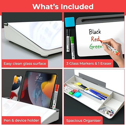 Miniatura 3 de Chalkola Pizarra blanca de escritorio de vidrio con almacenamiento, pizarra de borrado en seco, organizadores de escritorio de trabajo, soporte para