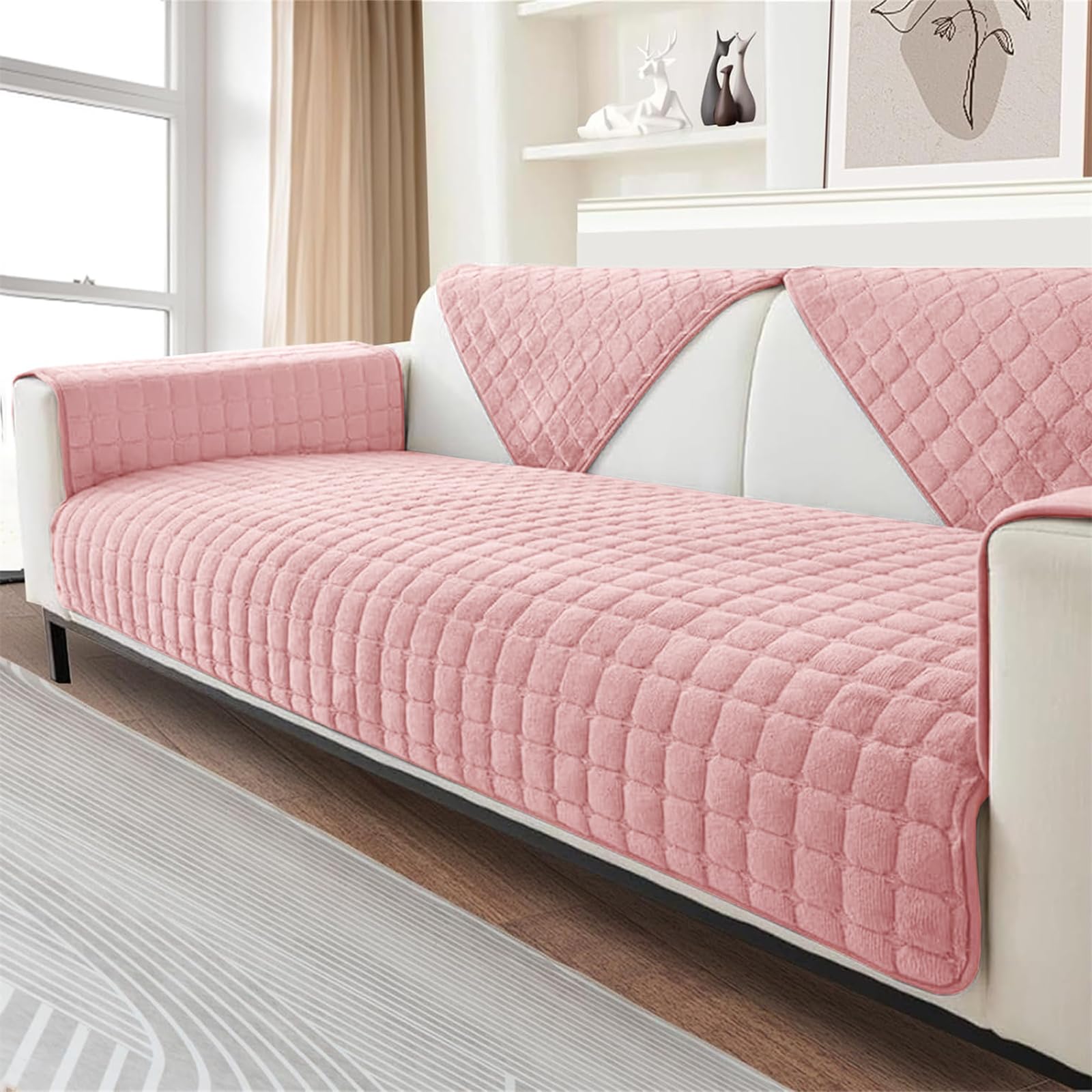 FASCINATDECO Soft Flannel Sofa Covers, Sofa Cushion Covers, Non-Slip Sofa Cover 1 2 3 Seater Couch Covers for Sectional Sofa, Sofa Slipcovers L Shape Furniture Protector (Pink, 90x210cm)