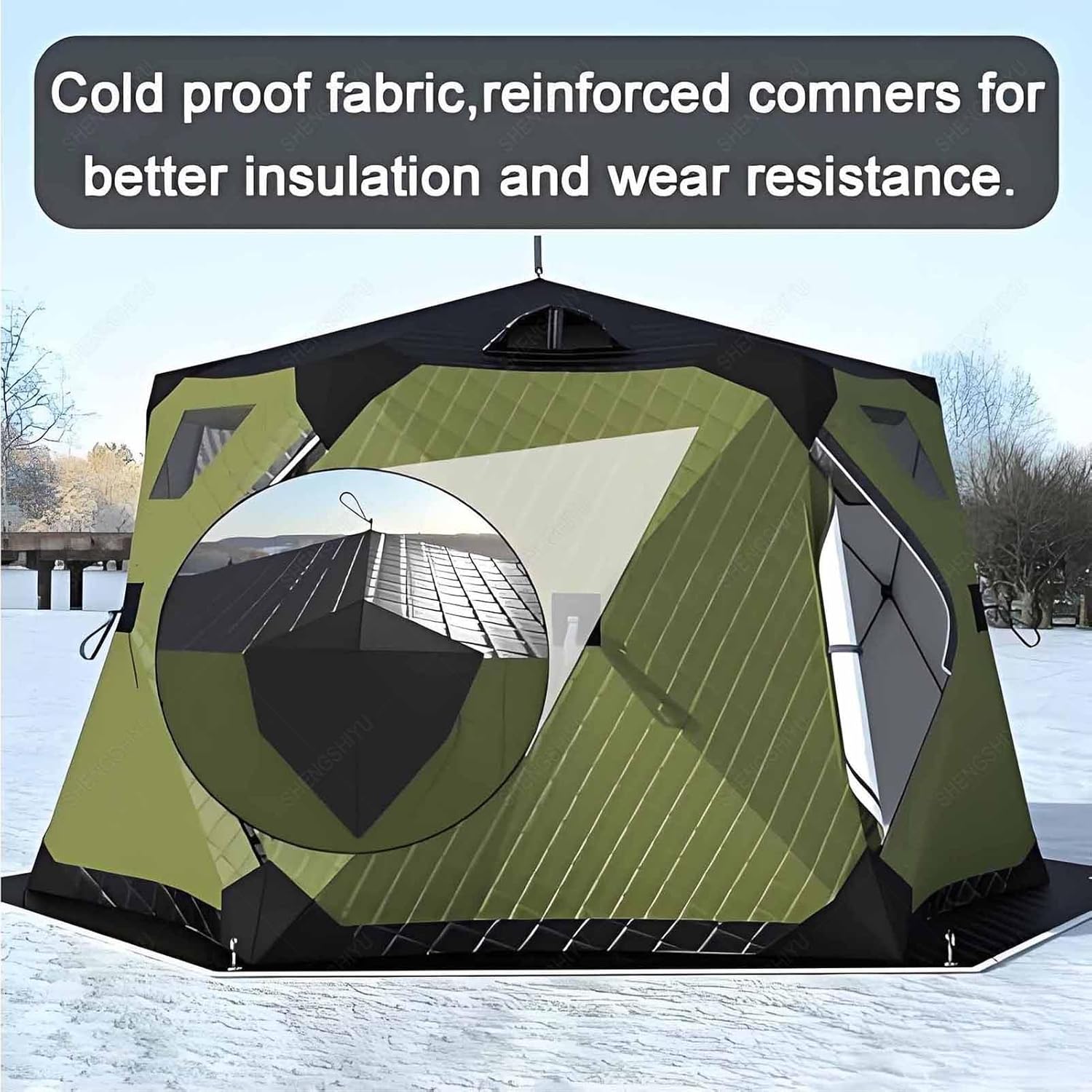 Ice Fishing Shelter with Stove Jack and Cushion,Insulated Hexagon Pop-Up Tent for 3–5 People,Windproof and Warm,Ice Shanty Insulated,Automatic Deployment,Compact When Folded
