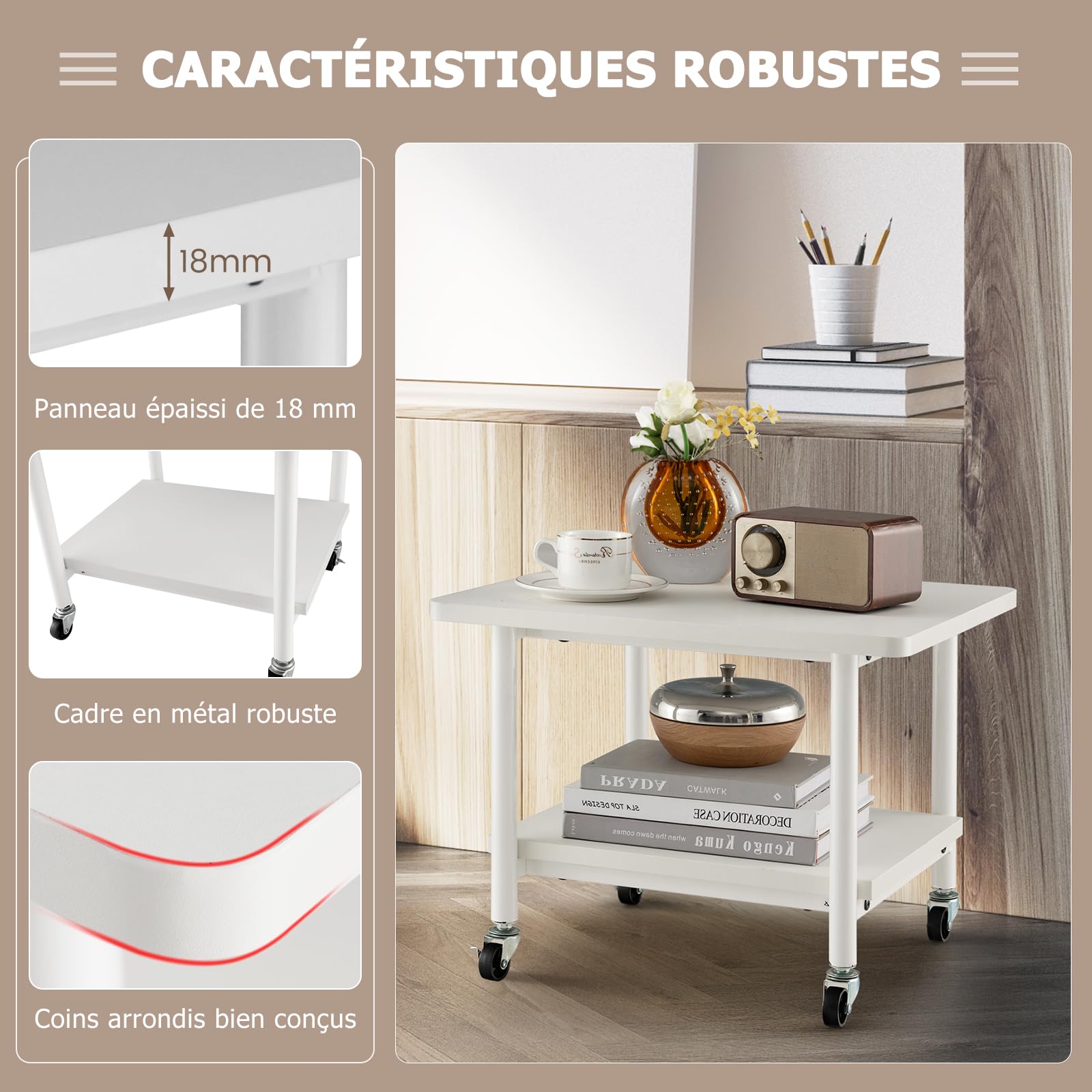 GIANTEX Support d'Imprimante,Chariot de Service à roulettes, Desserte de Cuisine avec 2 Niveaux & Style Industriel,pour Bureau, Ecole, Maison (Blanc)