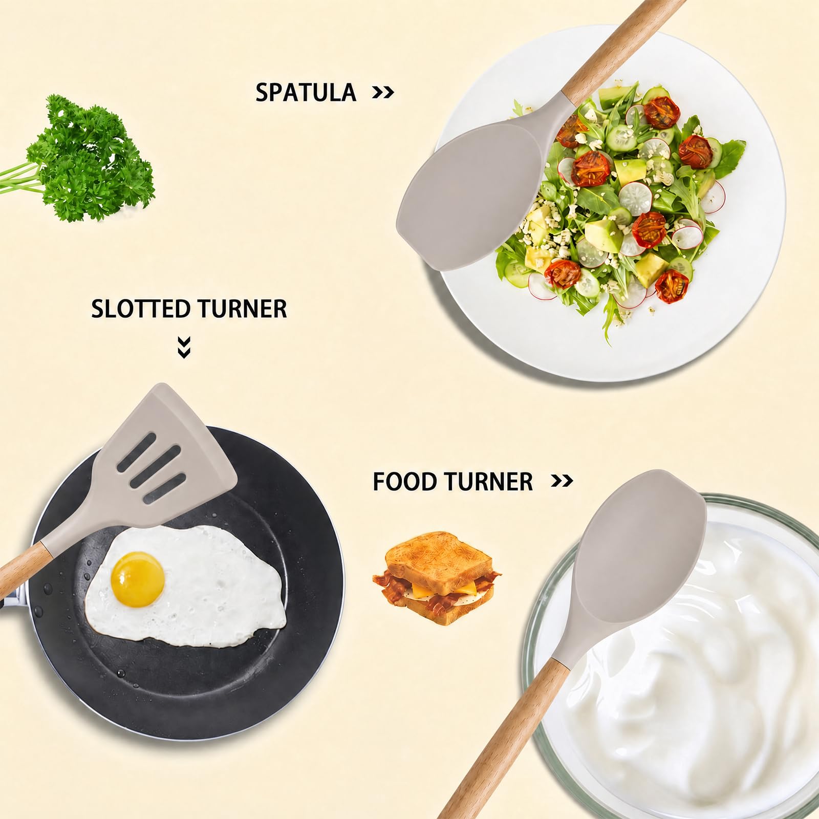 MIBOTE Juego de utensilios de cocina de silicona con soporte, asas de madera, sin BPA, no tóxicas, pinzas giratorias, espátula, cuchara, utensilios de cocina antiadherentes (caqui)
