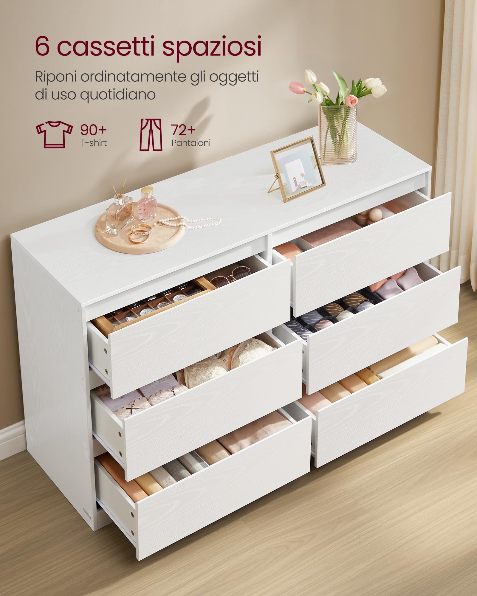 VASAGLE KAILYN Collezione - Cassettiera con 6 Cassetti, Comò Mobile con Cassetti, Porta Abiti, 40 x 119,4 x 75 cm, Stile Moderno, Bianco Neve LTS616W01