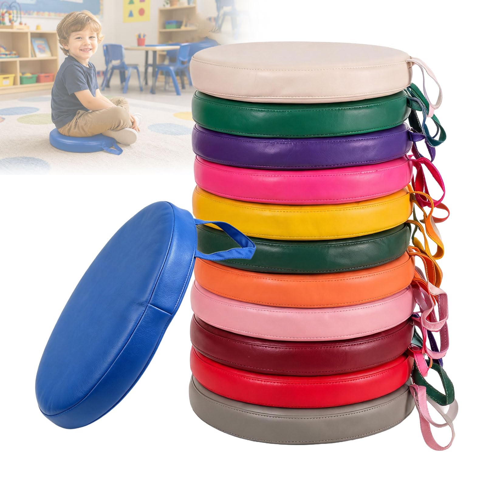 12er-Pack Kinder-Bodenkissen, Schaumstoffsitz mit Griff und abnehmbarem Bezug, flexible Sitzgelegenheiten für Klassenzimmer, Grundschule, Regenbogenfarben, für Tatami-Kindertagesstätten, Meditation