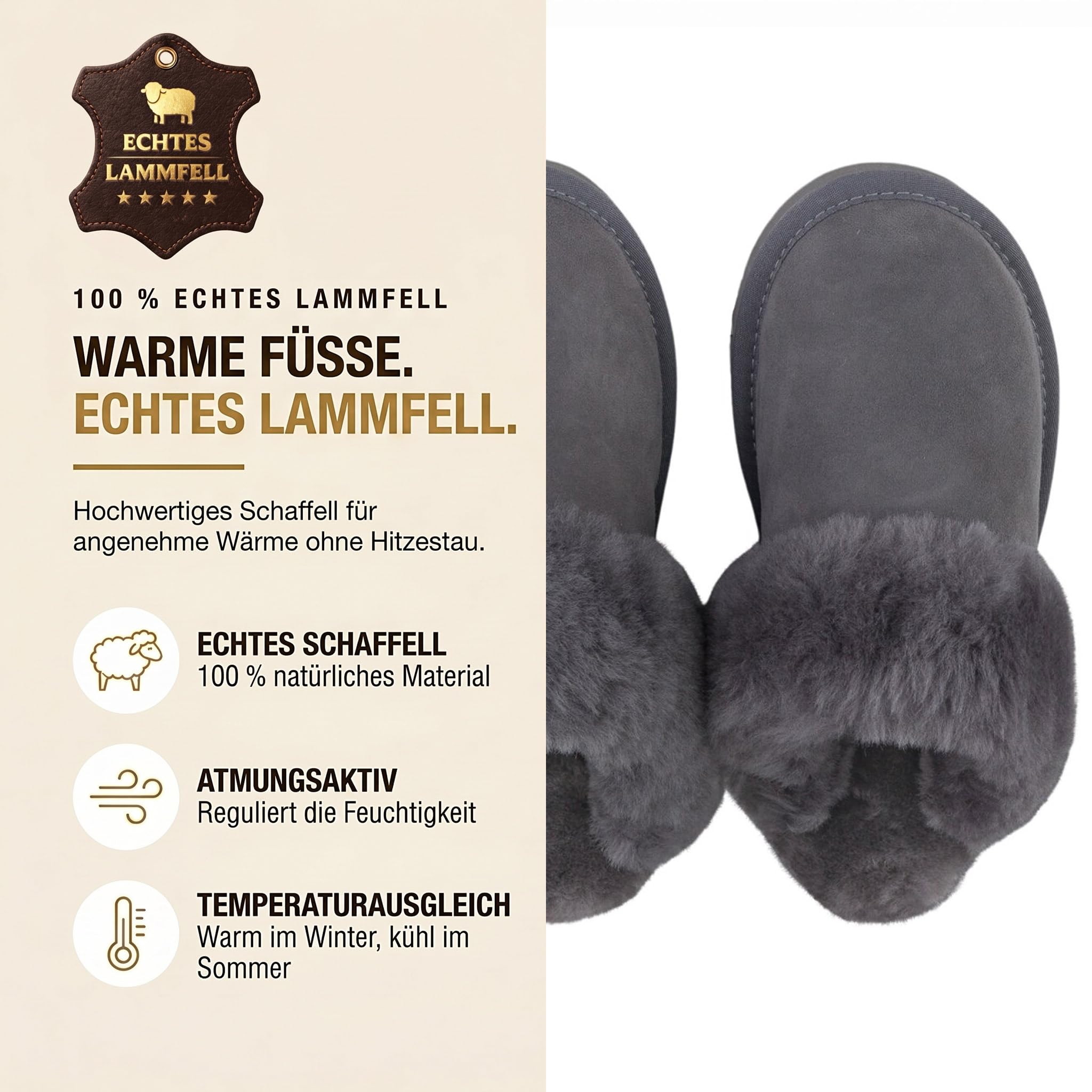Rohn Moden Lammfell Hausschuhe Damen– Talea – Warme Hausschuhe Damen mit Schaffell & rutschfester EVA-Sohle – Winter Pantoffeln für zuhause – Slipper gefüttert - Braun Rose Grau