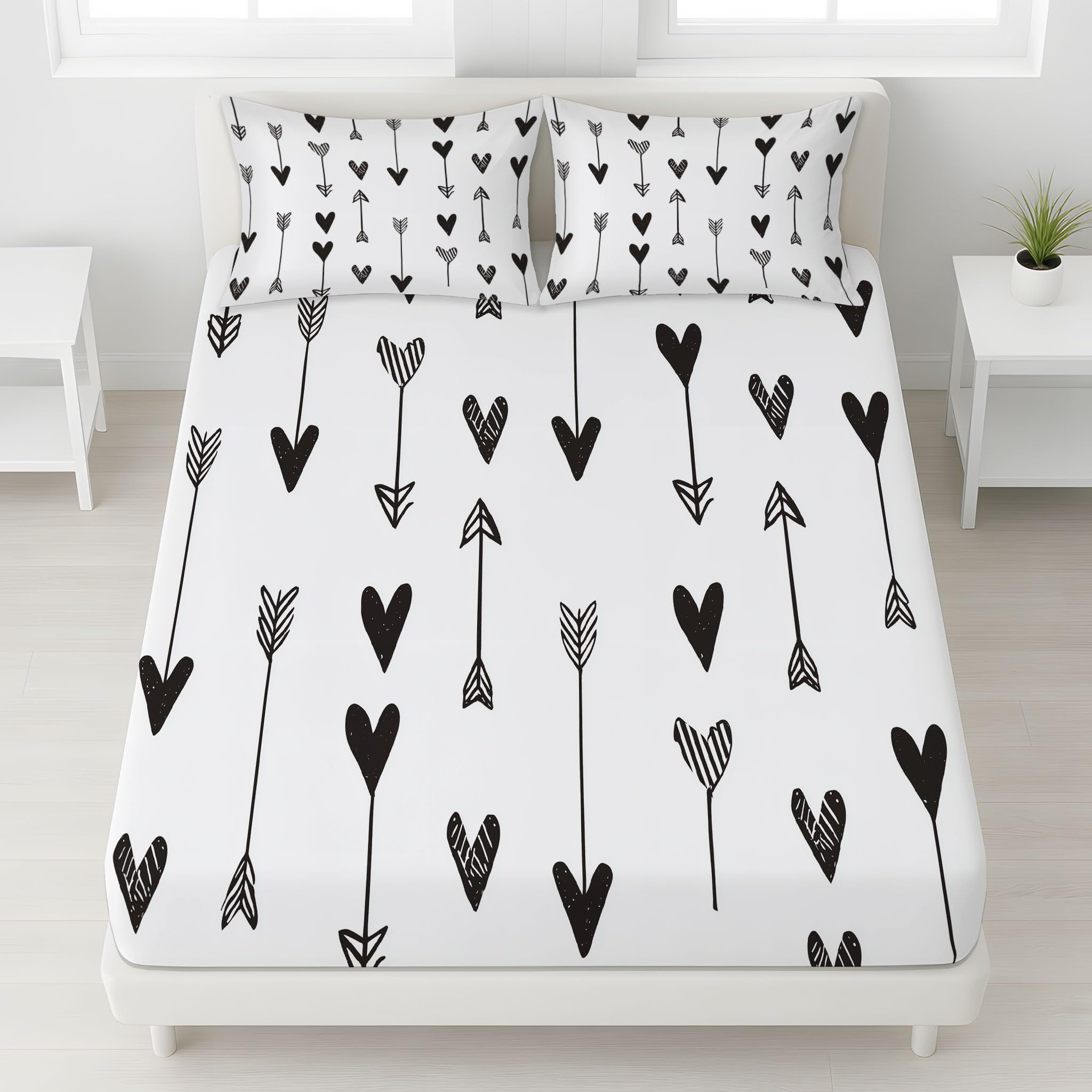 Pärchen & Liebe Spannbettlaken 200 x 200 cm - Mikrofaser Schwarze Pfeile & Herzen Bettwäsche-Set, Skandinavisch & Handgezeichnet with 30 cm Tiefe Tasche Bettlaken