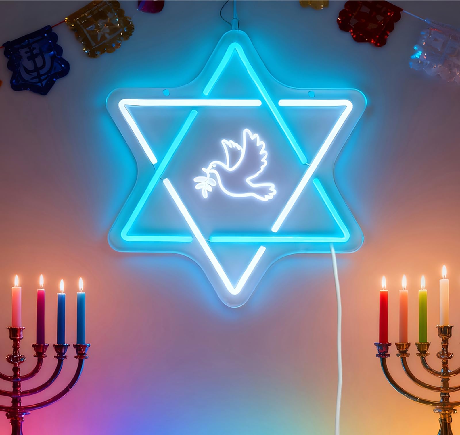 Star of David Hanukkah - Insegna al neon a LED, decorazione per la casa, decorazione da parete Happy Hanukkah, alimentata tramite USB, regalo per le vacanze della Menorah ebraica in camera da letto