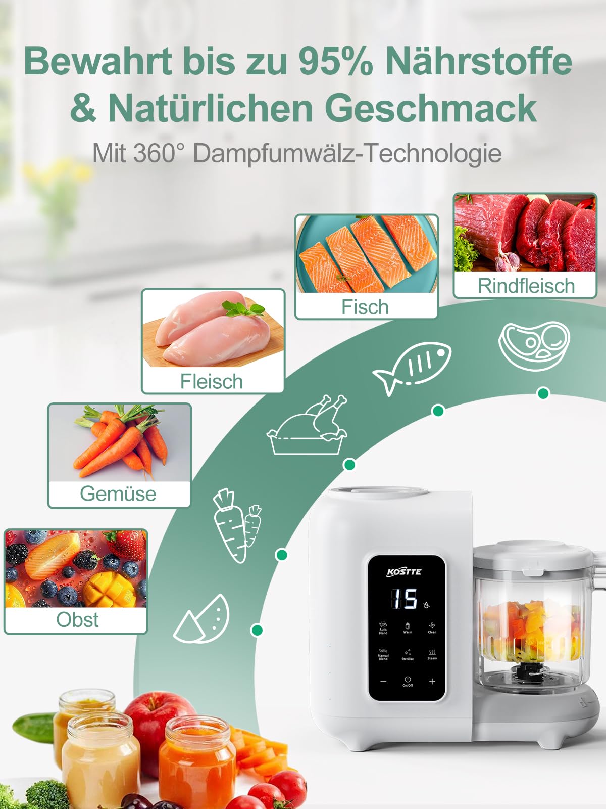 Babynahrungszubereiter 6-in-1, Dampfgarer Mixen mit Auftauen, Aufwärmen, Automatische Reinigungsfunktion, Babybrei Zubereiter Multifunktion, Baby Food Maker, Weiß