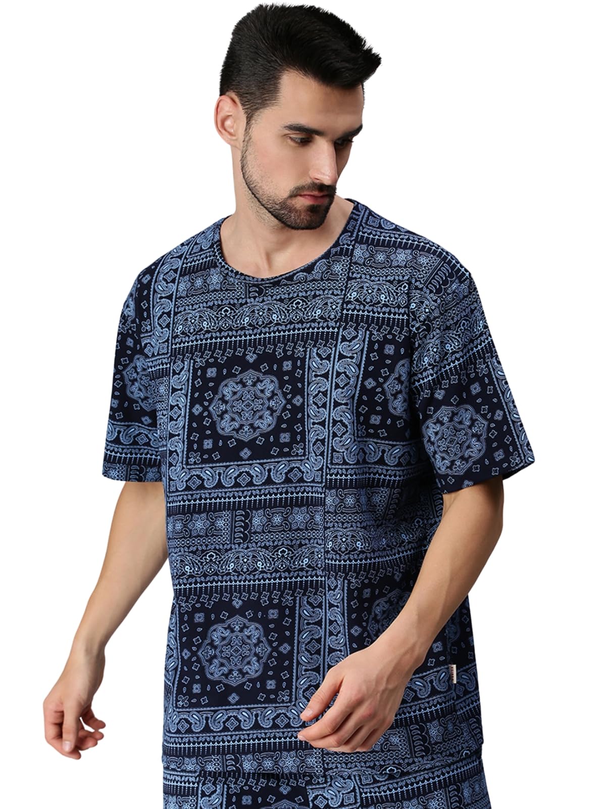 Pure Cotton Oversized Loose Baggy Fit Drop Shoulder Round Neck All Over Paisley Bandana Printed Half Sleeves T-Shirt for Men (Colors Available: White, Navy Blue & Beige)