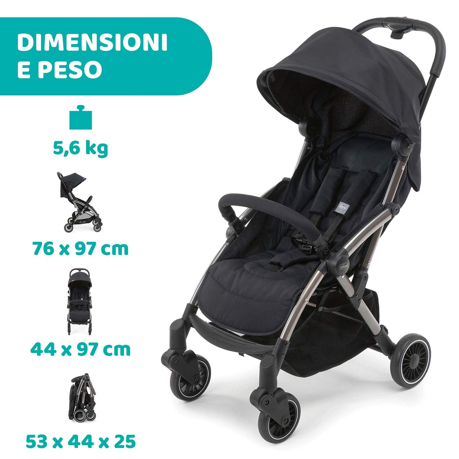 Chicco Cheerio Passeggino Leggero e Compatto da 0 mesi a 15kg (portata max 18kg), Passeggino Pieghevole, Posizione Nanna, Chiusura Automatica in 1 Gesto, Capotte Parasole e Parapioggia, Nero
