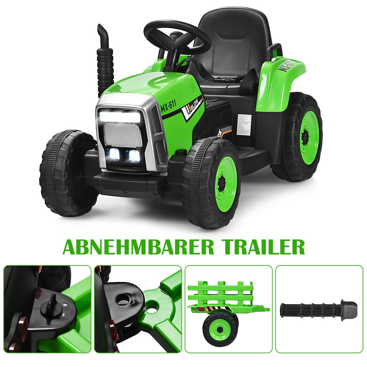 COSTWAY 12V 3-Gang Traktor mit abnehmbarem Anhänger und 2,4G Fernbedienung, Kinder Aufsitztraktor mit LED Lichtern, Musik, Hupe & USB Funktionen, geeignet für Kinder ab 3 Jahren (Grün)