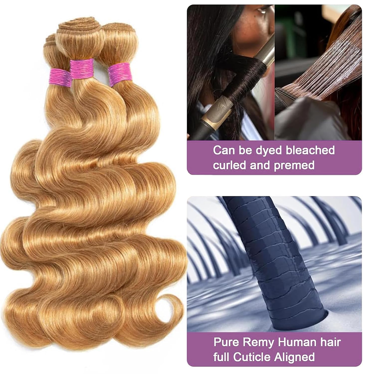 Vallbest Honey Blonde Bundles Human Hair #27 Body Wave Bundles 18 20 22 24 Inch 4 Bundles 100% Unprocessed Brazilian Virgin Hair 12A Virgin Raw Remy Weave Human Hair Extensions for Women image 4