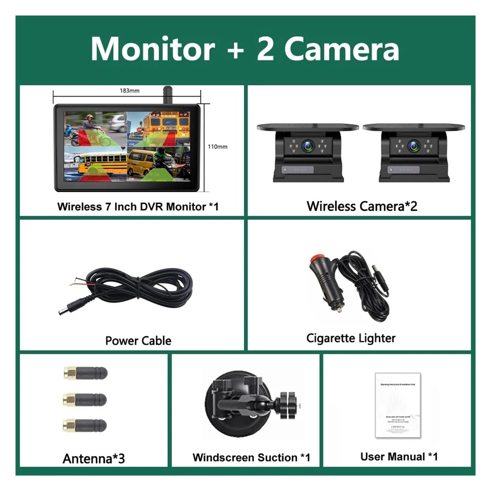 Monitor DVR Inalámbrico con Pantalla Táctil 7 Pulgadas Pantalla Dividida 1/2x BSD Detección IA Cámara Respaldo Solar No Daña Instalación RV Cámara Visión Trasera(64G,2 Kit)
