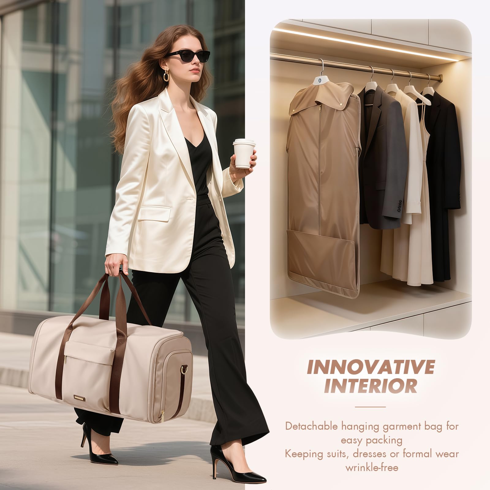 Sac à Costumes 2 en 1, Sac de Voyage Pliable Cabine 48L Imperméable, Taille Idéale pour Avion, Multifonctionnel avec Rangement Sec/Humide pour Hommes et Femmes, pour Affaires et Loisirs,Amande