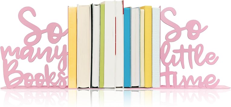 So Many Books, So Little Time Metal Bookends, Kids Bookends for Bookshelf, Reading Corner Decor, Daycare, Girls Bookshelf Classroom Bedroom Home Nursery Decor, Birthday Gift for Girls Pink