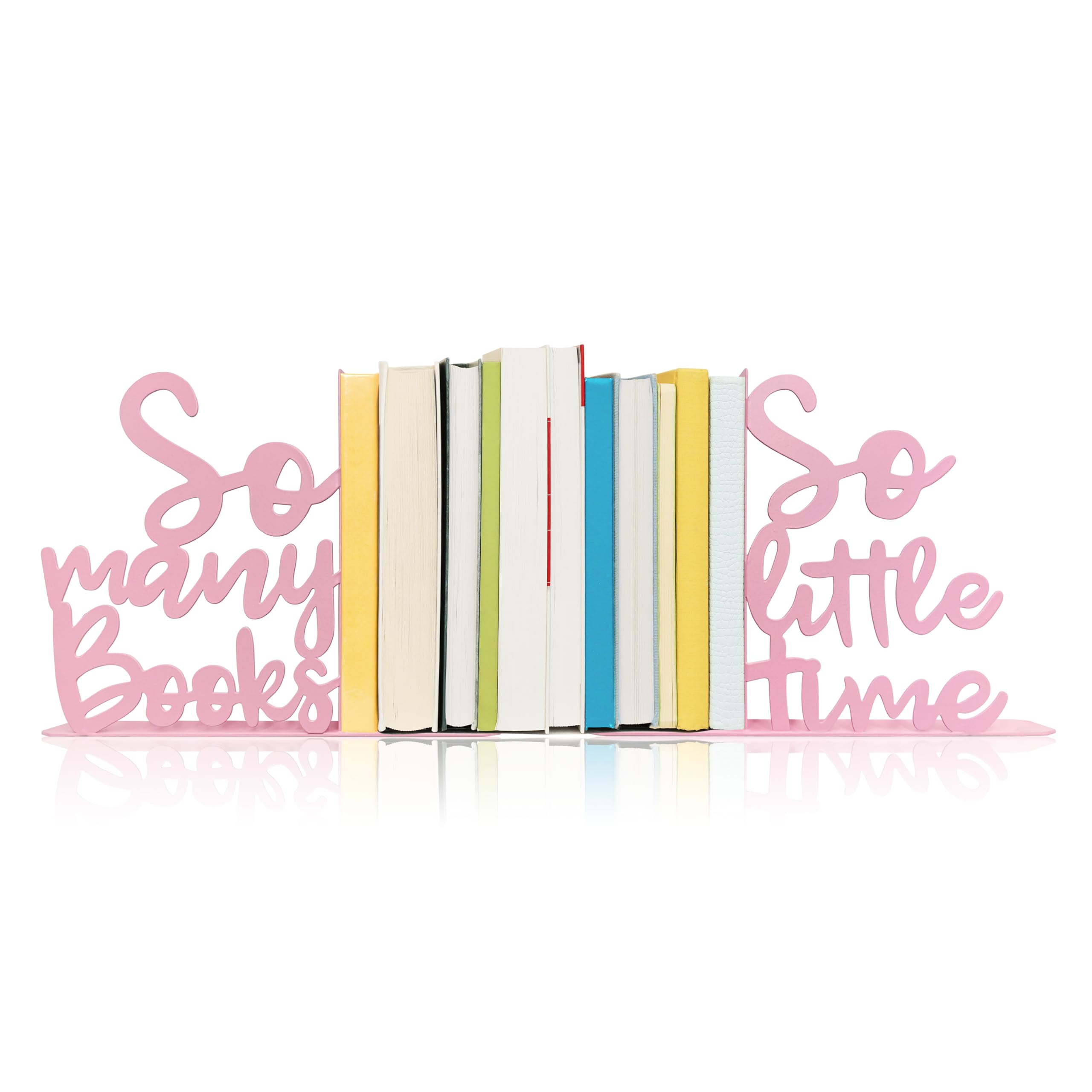 So Many Books, So Little Time Metal Bookends, Kids Bookends for Bookshelf, Reading Corner Decor, Daycare, Girls Bookshelf Classroom Bedroom Home Nursery Decor, Birthday Gift for Girls (Pink)