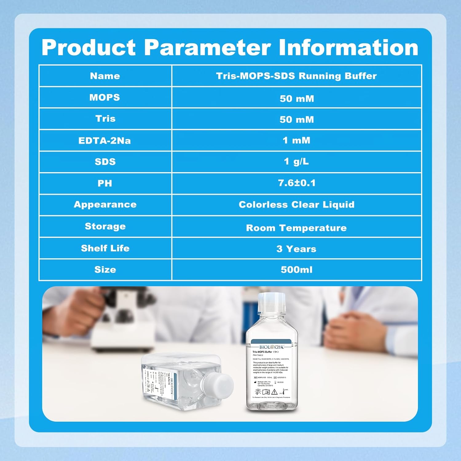 Tris-MOPS-SDS Running Buffer, 3-(N-Morpholino) Propanesulfonic Acid Electrophoresis Buffer, pH7.6, 500mL/Bottle, 6 Bottless/Case
